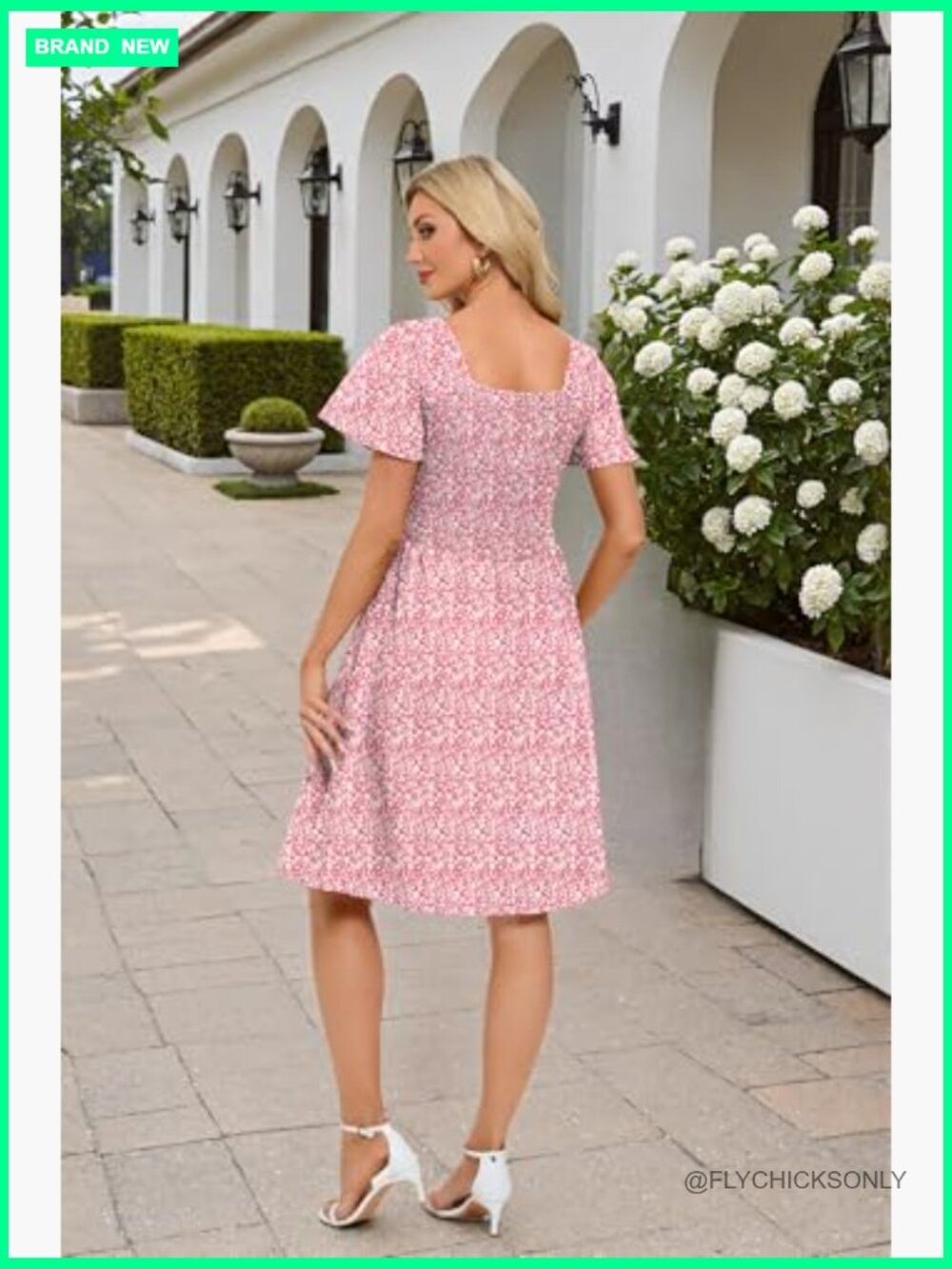 Smocked Square Neck A-Line Midi Sundress with Pockets Flowy Summer Dress - Picture 3 of 6